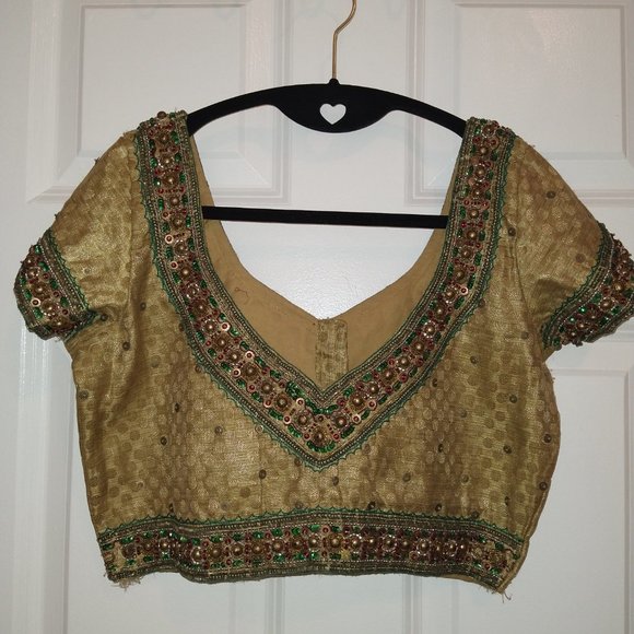Gold saree/lehenga blouse crop top with hand embroidery and sequins - Picture 4 of 8